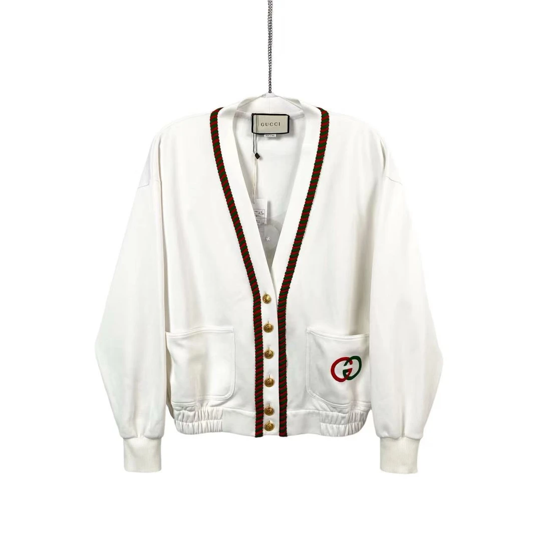 95新 GUCCI/古驰  yy0113 红绿边白色长袖开衫外套 XS码