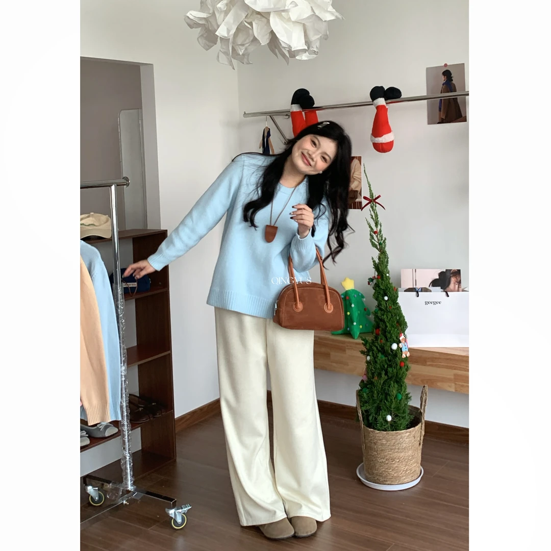 QINGYUS-软糯懒惰风针织衫微胖显瘦宽松纯色减龄上衣冬季大码女装