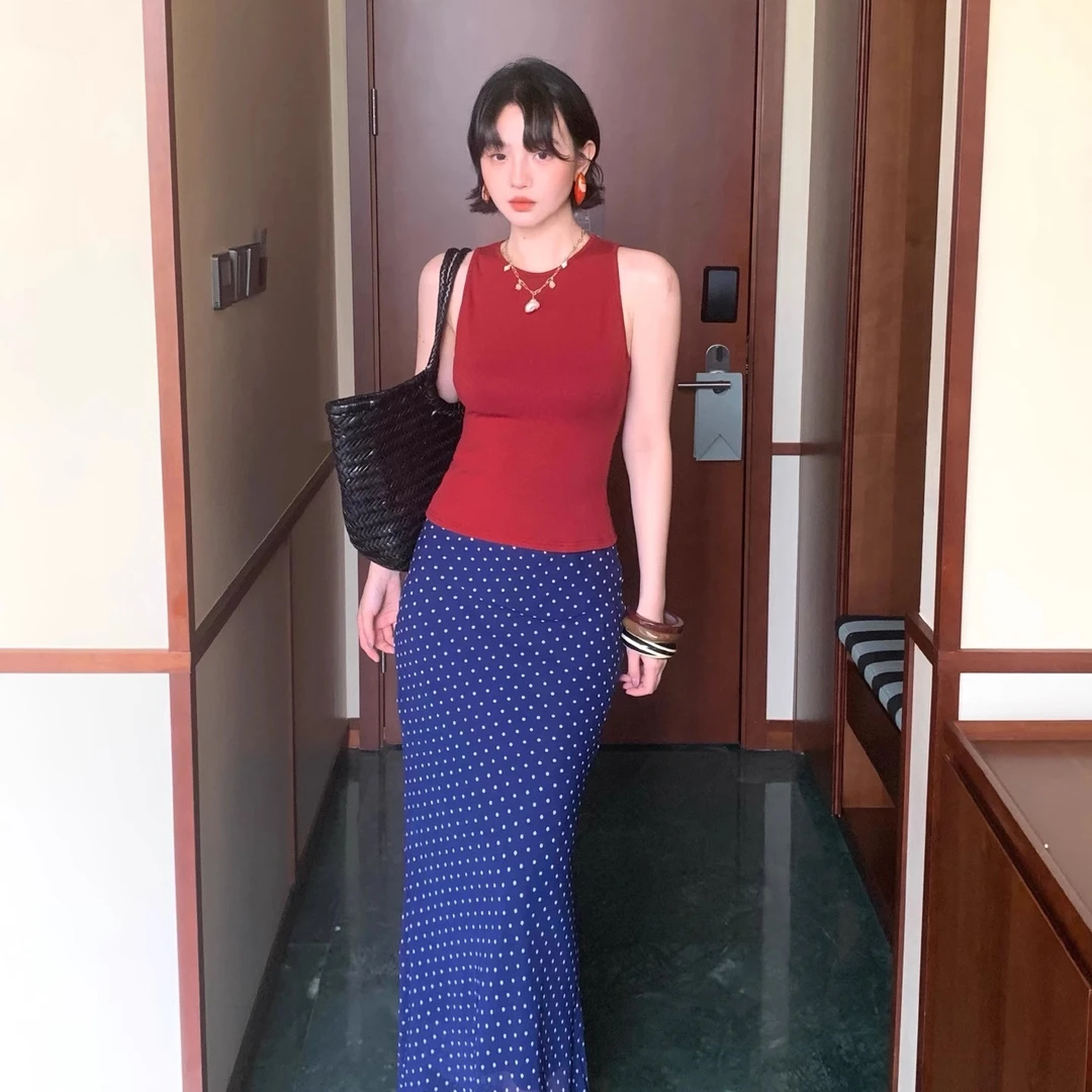 酒午自制2025夏季新款【蓝星语】港风复古波点高腰半身裙女KLF4179