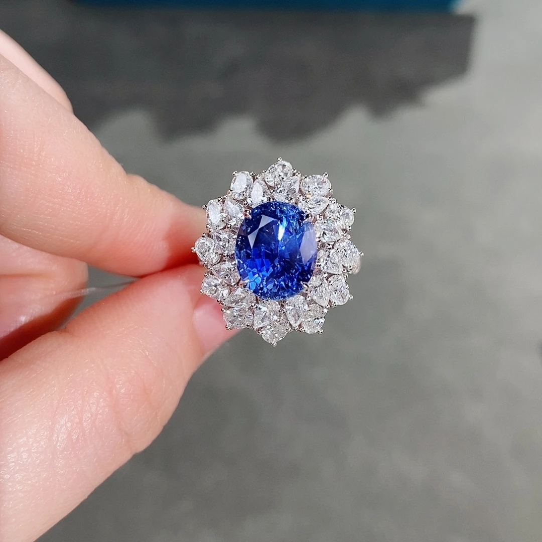 戒指蓝宝石18K金镶嵌5.03ct无烧矢车菊aigs两用款