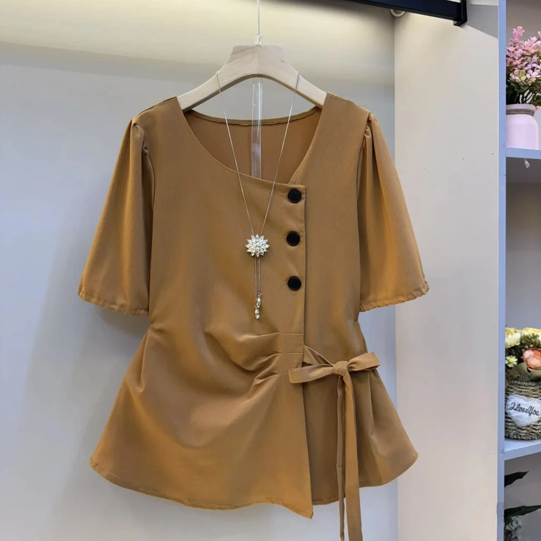纽扣圆领衬衫洋气手腕捏褶绑带夏季女装韩版上衣