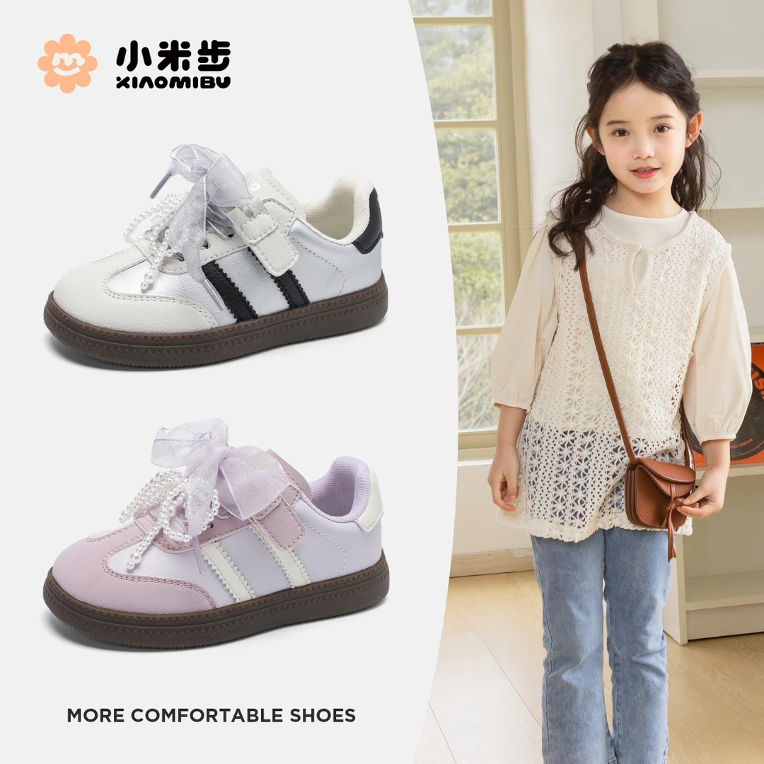 小米步双旦【紫玫瑰】女童板鞋2025春季新款儿童蝴蝶结女孩德训鞋