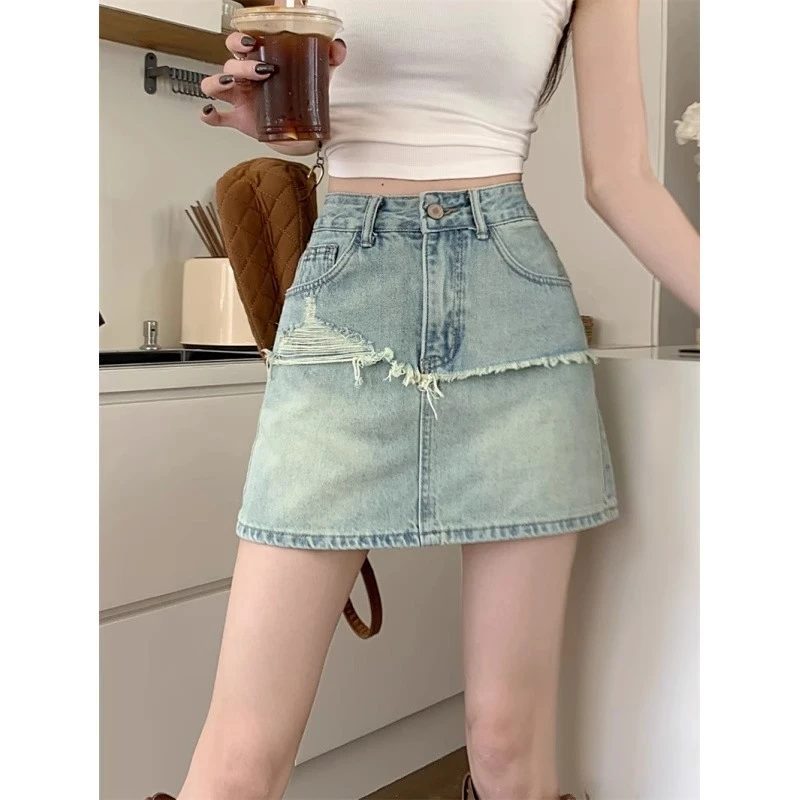 高腰纯色毛边牛仔半身裙大码设计感女夏季薄款显瘦包臀a字短裙