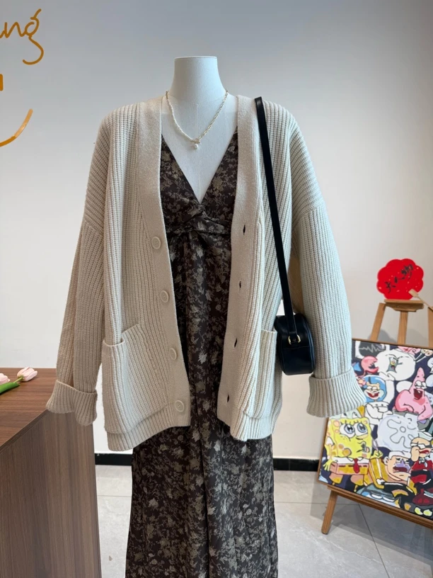 全羊毛韩版加厚中长款大毛衣外套