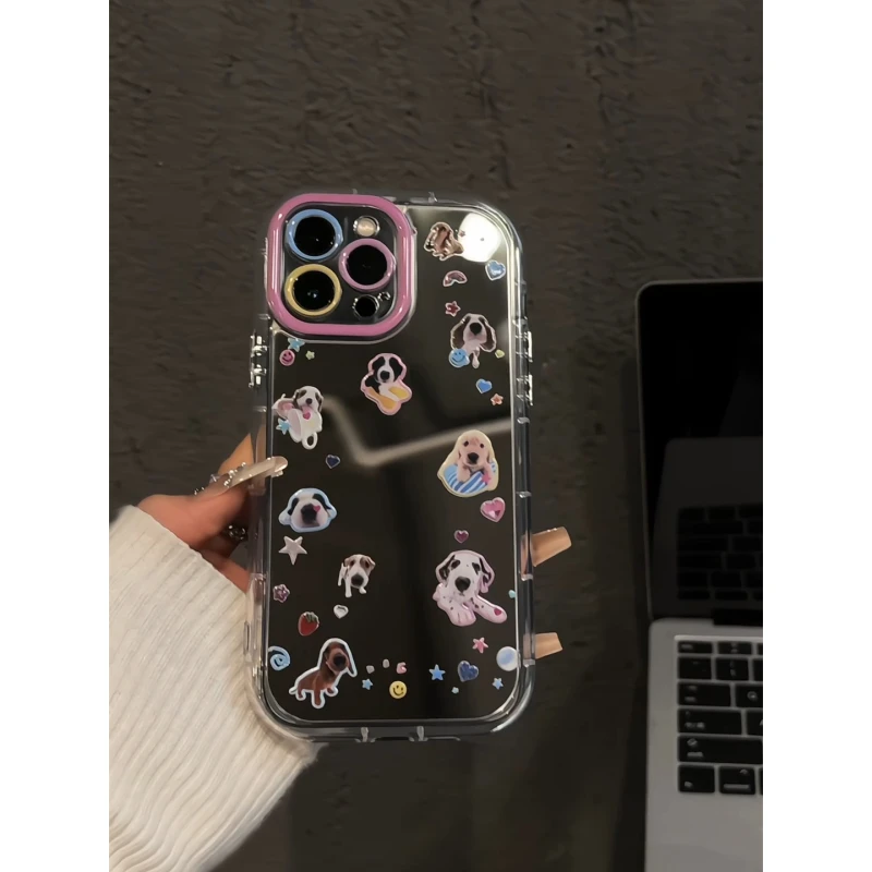 爱心小狗贴图适用苹果16pro创意iPhone15手机镜面奶油壳女华为p70