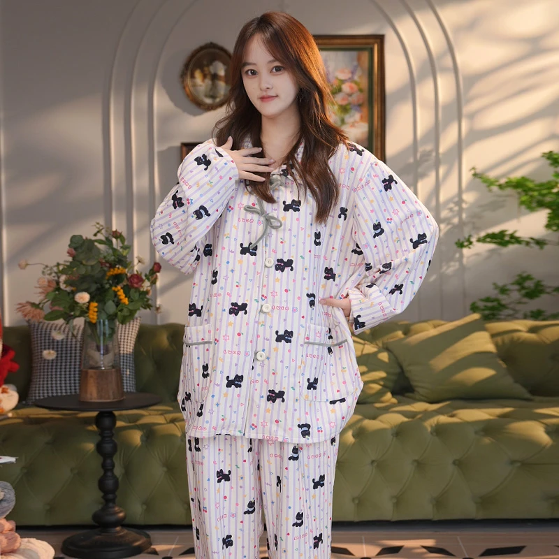 秋冬大码中等加厚睡衣桑蚕丝绵羊毛长袖长裤翻领家居服可外穿套装