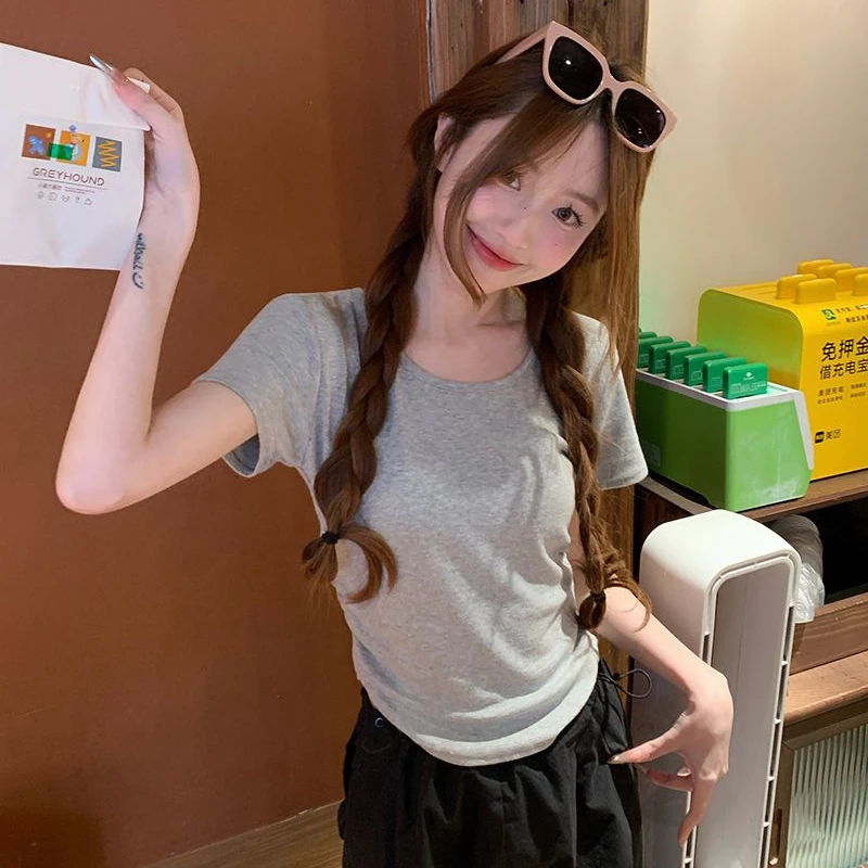 蕾丝u领正肩短袖T恤女潮夏季小个子辣妹修身收腰露背短款独特上衣