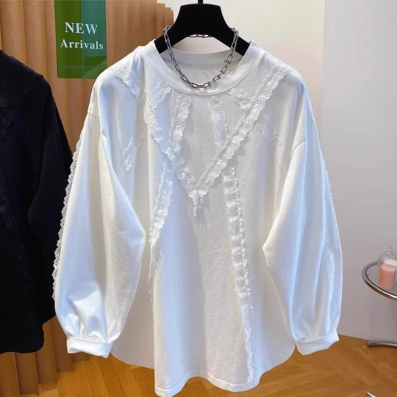 法式蕾丝花边高级T恤女上衣设计感新款独特潮流小众宽松洋气长袖
