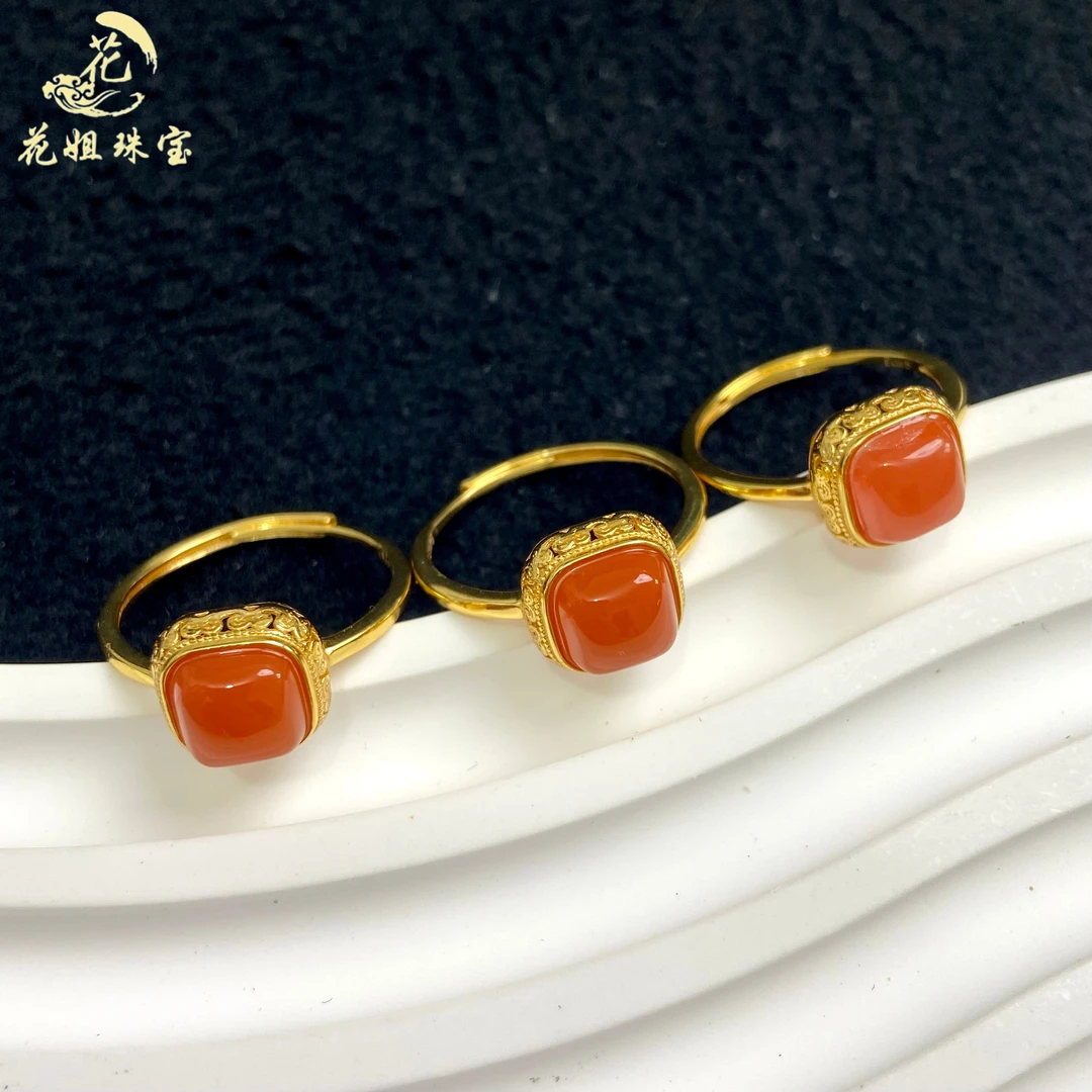 K02天然南红S925银镶方糖戒指10*6mm多样性发其一 红色国风款