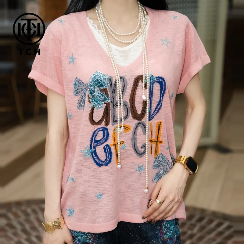 TCH烫钻工艺新时尚淑女百搭潮流针织衫女T75B09E5005轻奢tch