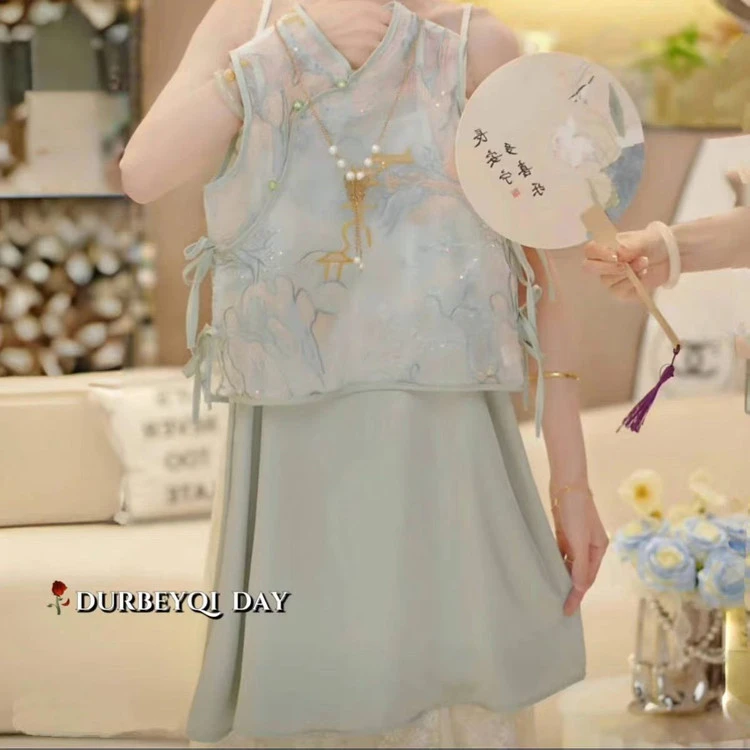 连衣裙中国风2025新款夏季古风刺绣马甲裙女童日常气质百搭儿童