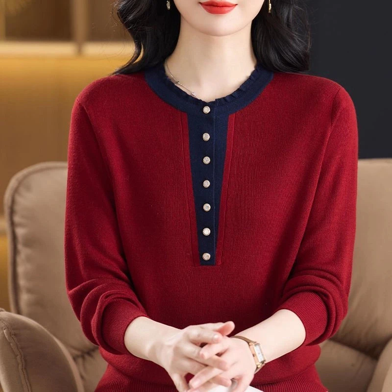 中年女士2025春秋新款针织衫大码打底衫薄款时尚妈妈百搭纯色T恤