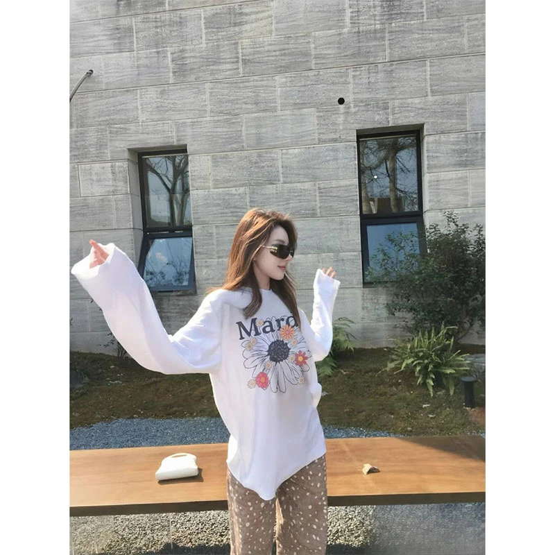 韩系纯欲女夏季新款减龄ins圆领套头薄款防晒花朵印花长袖T恤上衣