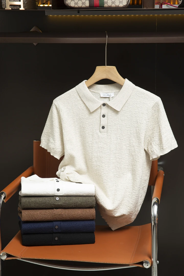 【奢感】夏季老钱奢感时尚休闲纯色冰感提花纽扣设计短袖棉POLO衫