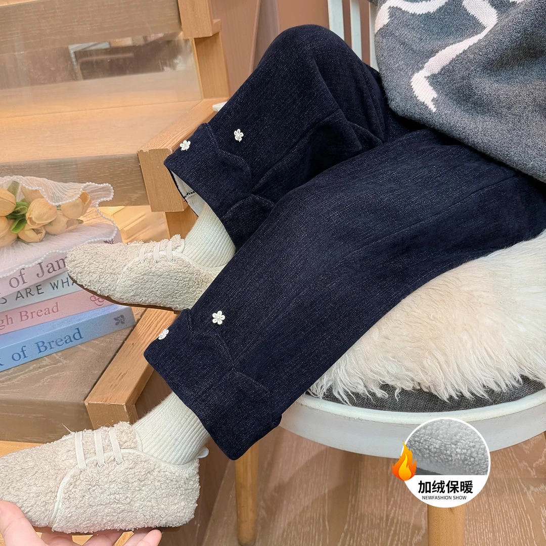 女童加绒裤子冬季洋气韩版加厚牛仔裤小女孩宝宝冬装2025新款休闲