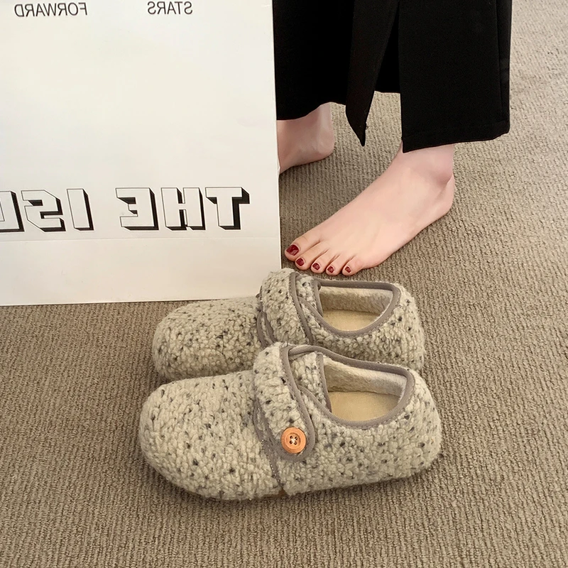 加绒豆豆勃肯鞋女2025新款秋冬魔术贴毛呢单鞋保暖棉鞋低帮雪地靴