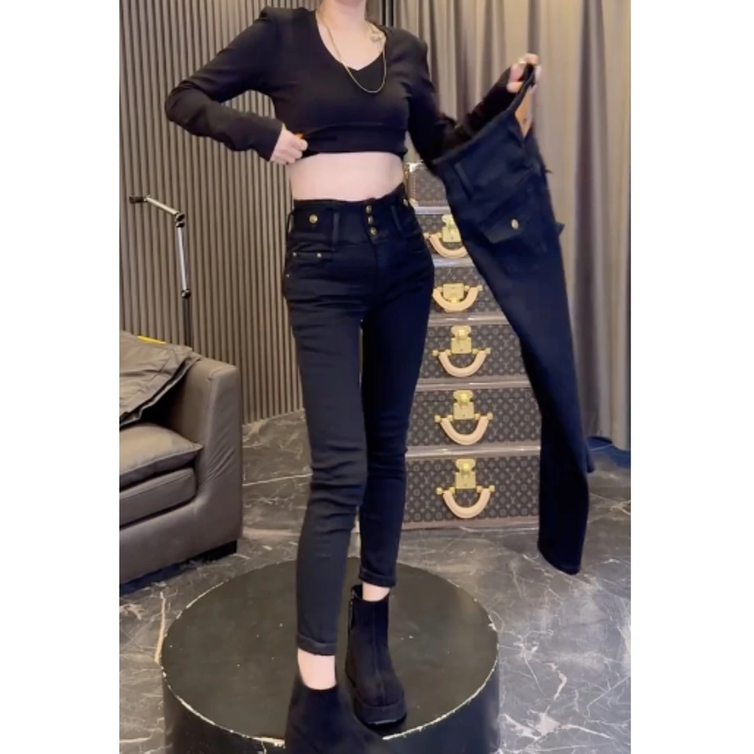 2025秋冬季新款百搭时尚显瘦高腰排扣简约加绒小脚裤