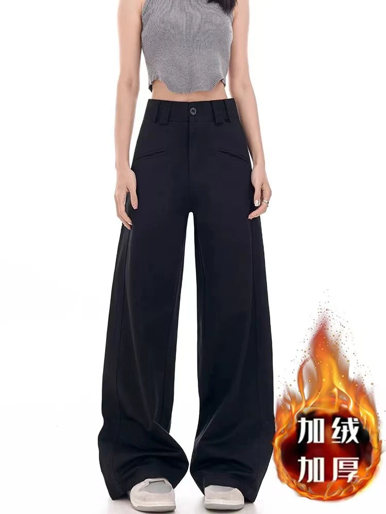 加绒八字口袋西装裤女小众设计感高腰显瘦大码休闲裤子百搭时尚