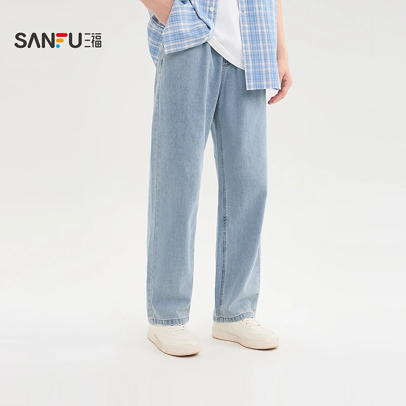 三福2025夏季男士抽绳宽松直筒牛仔裤 休闲橡筋腰头长裤500822