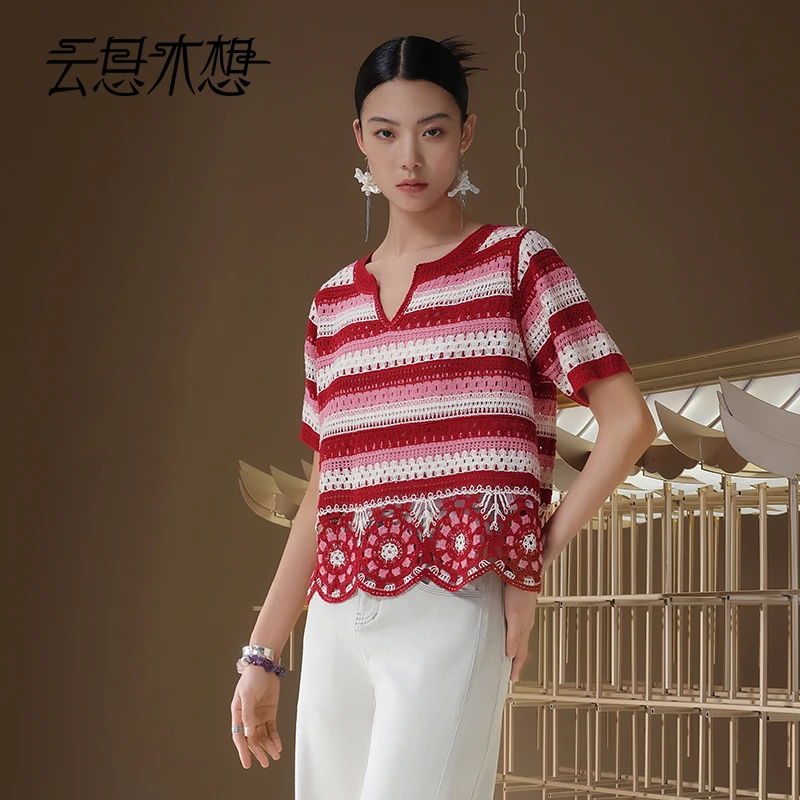 Ysimo-X云思木想颜若花开 欧若风小V领衣摆花型波浪毛针织衫12990