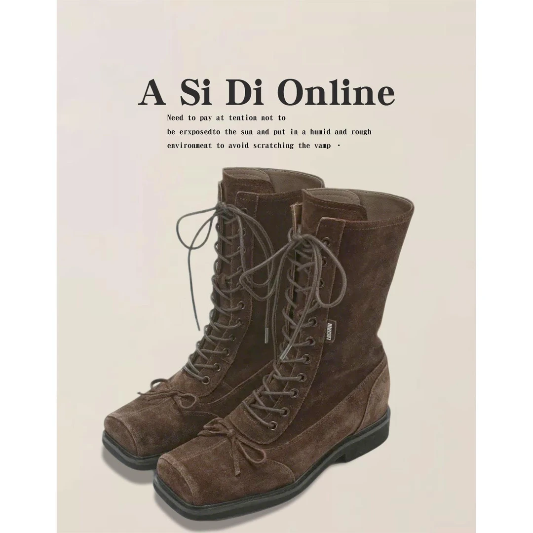 2025新款正品方头马丁靴女英伦短靴机车靴覆古蝴蝶结猪鼻子拳击靴