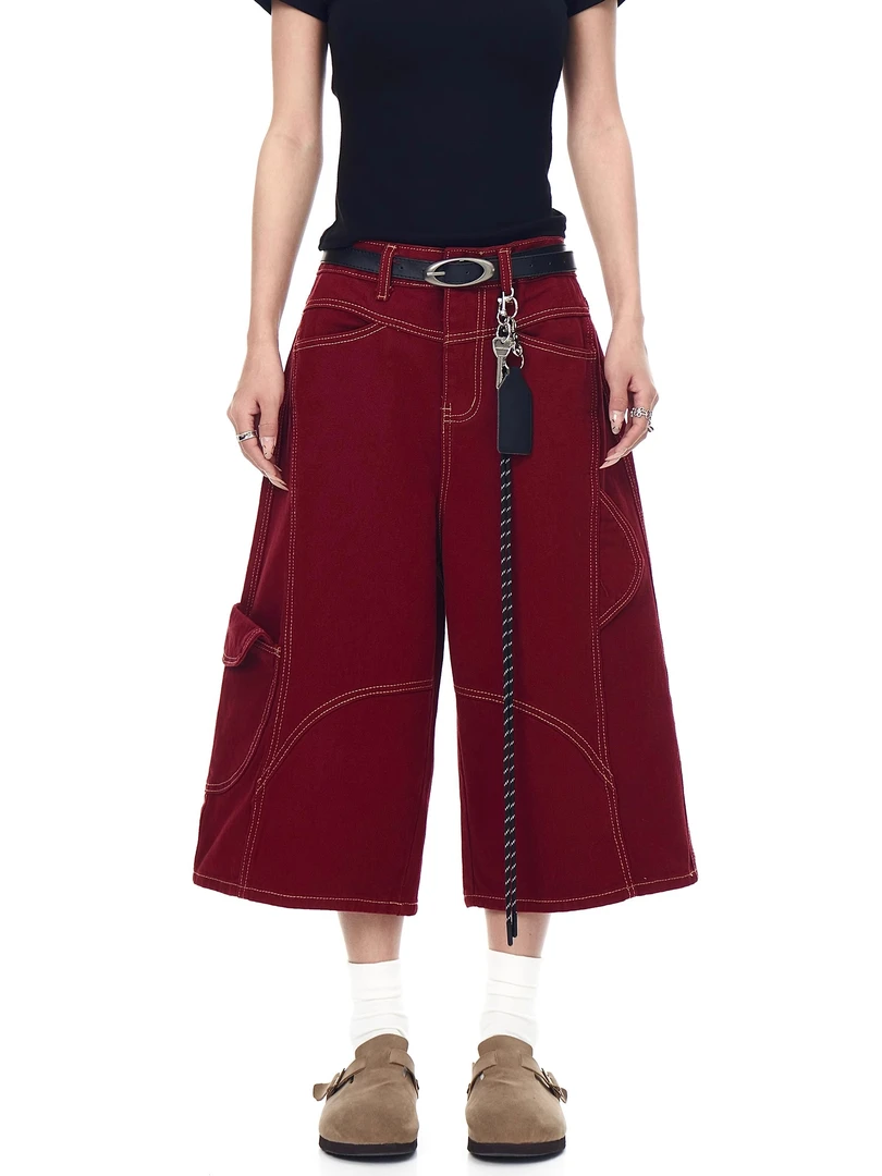 PuRu美式复古解构明线多口袋设计感工装短裤男女设计感牛仔七分裤