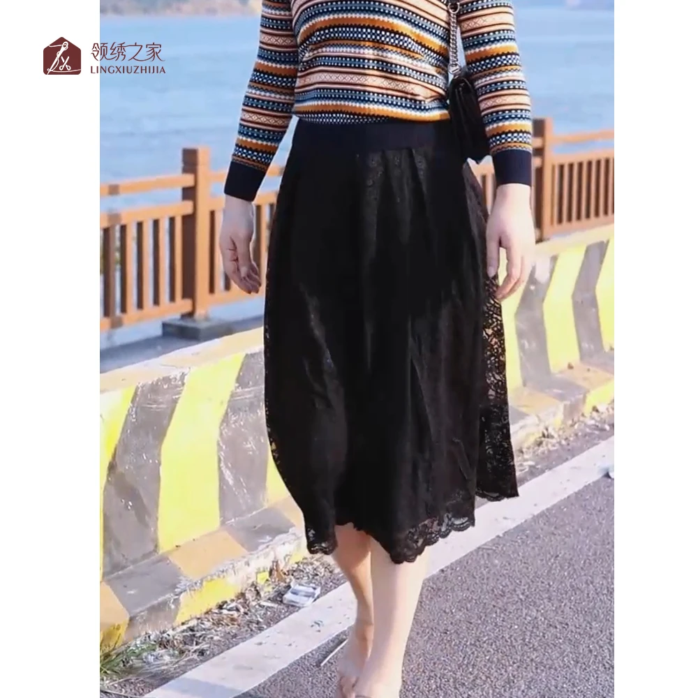 蕾丝刺绣半身裙垂顺柔软纱#YB00778B-03气质春夏显瘦中长款半裙