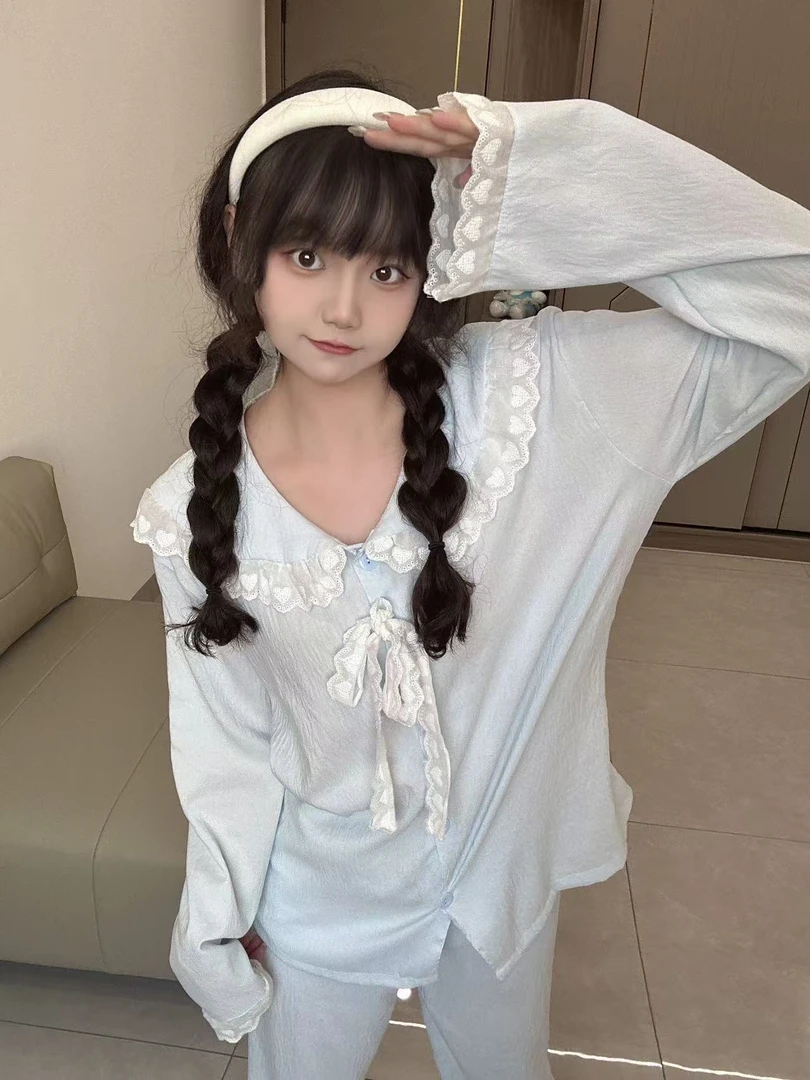 【半糖奶贝】新款睡衣女春季撞色系带蕾丝边宽松舒适可外穿家居服