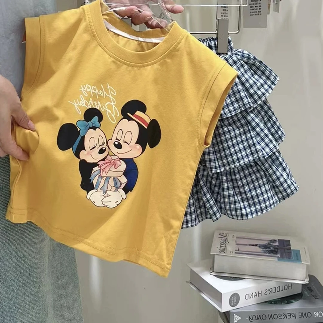 【XTL】2025新夏 姜黄色米奇T恤蓝色格子蛋糕裙裤套装85138