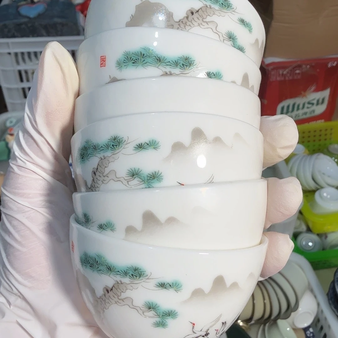 微瑕迎客松仙鹤图茶杯6个