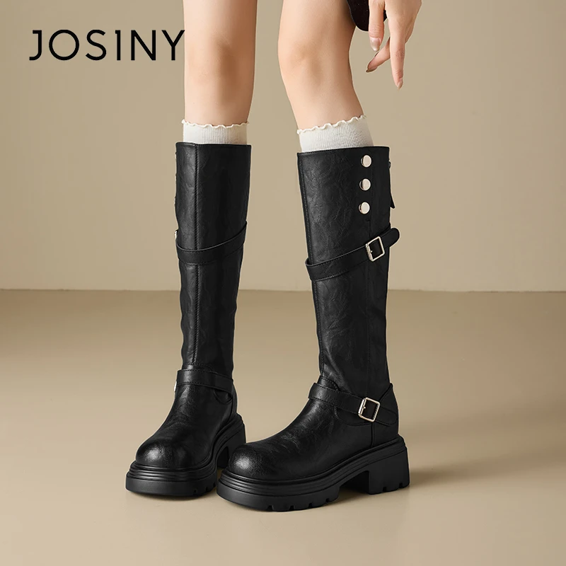 卓诗尼厚底长筒靴女冬季新款不过膝加绒小个子英伦风复古骑士靴女