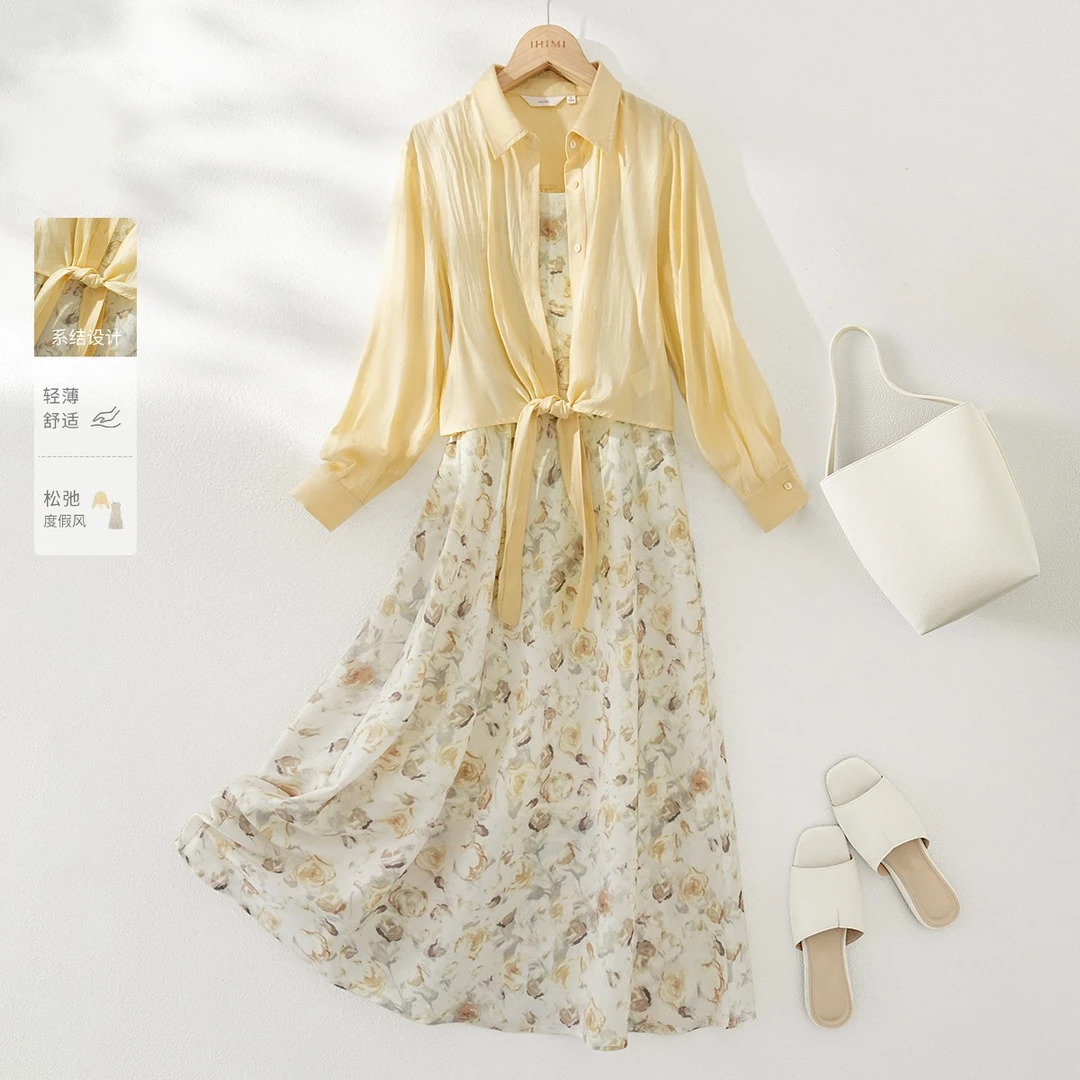 时尚套装上衣简约休闲风气质法式长袖衬衫慵懒风印花度假风轻薄