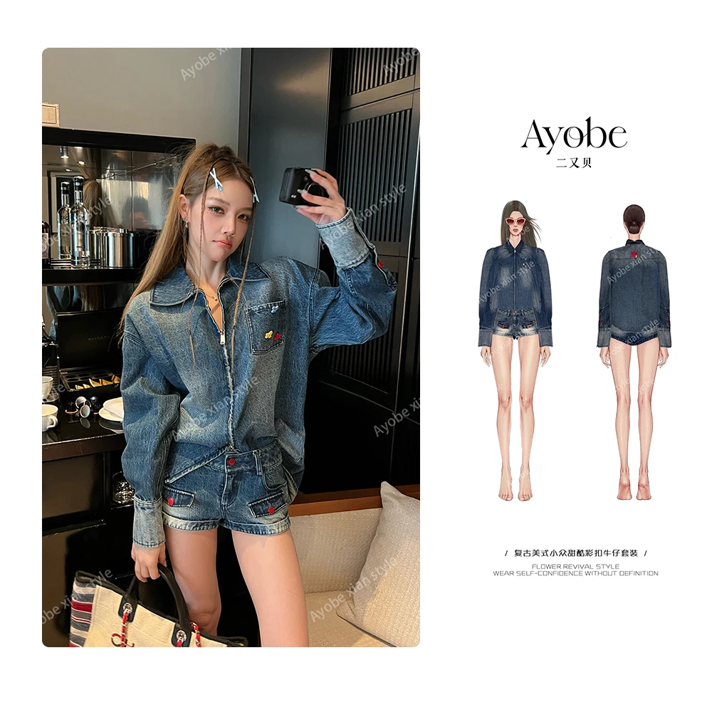 AYOBE原创设计师款/无声相片  复古美式小众甜酷彩扣牛仔套装