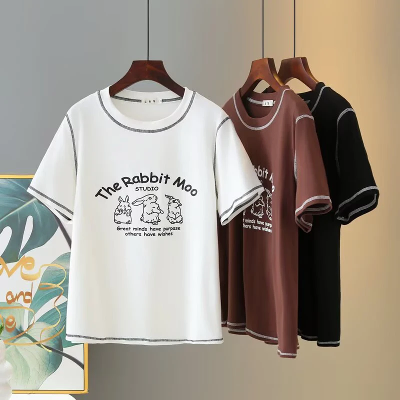 大码2025新款撞色正肩圆领短袖T恤女时尚百搭修身显瘦上衣夏季