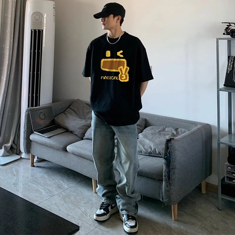 ins潮牌涂鸦动漫印花休闲t恤男夏季美式复古重磅纯棉oversize短袖