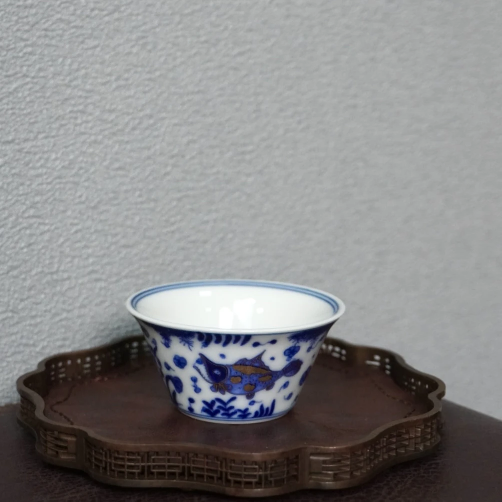 茶禾 鱼藻青花斗笠杯