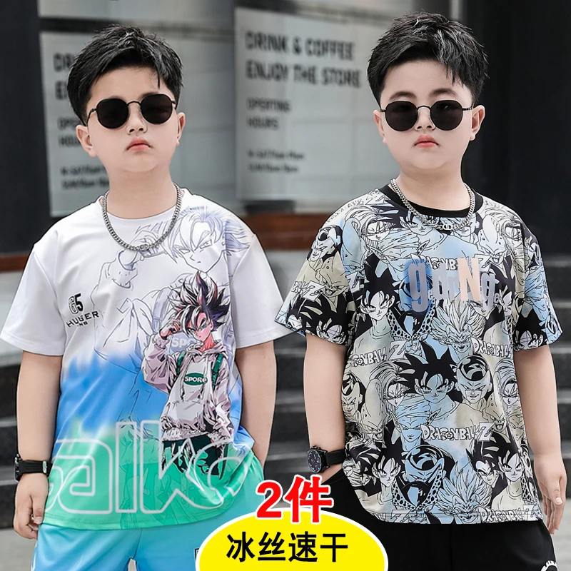 胖男童夏季速干短袖儿童t恤中大童男童加肥加大运动夏装冰丝薄款T