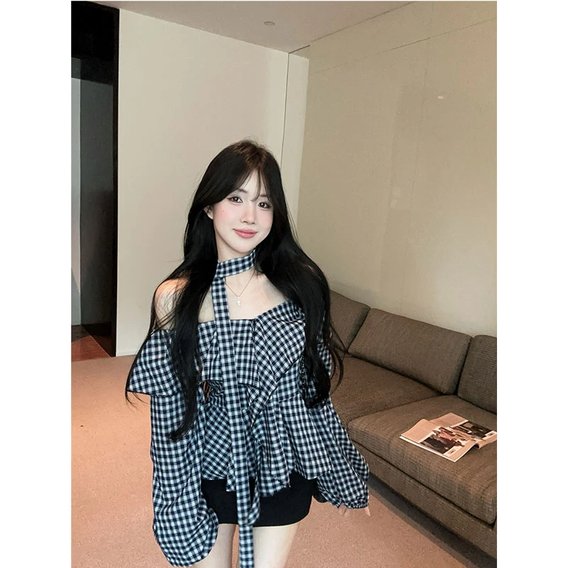 2025年性感辣妹一字肩格纹荷叶边衬衫不规则收腰长袖上衣半身裙裤
