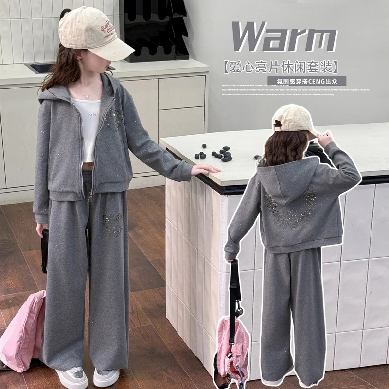 女童烫钻撒银套装2025新款6-12岁潮中大童洋气休闲运动时髦两件套