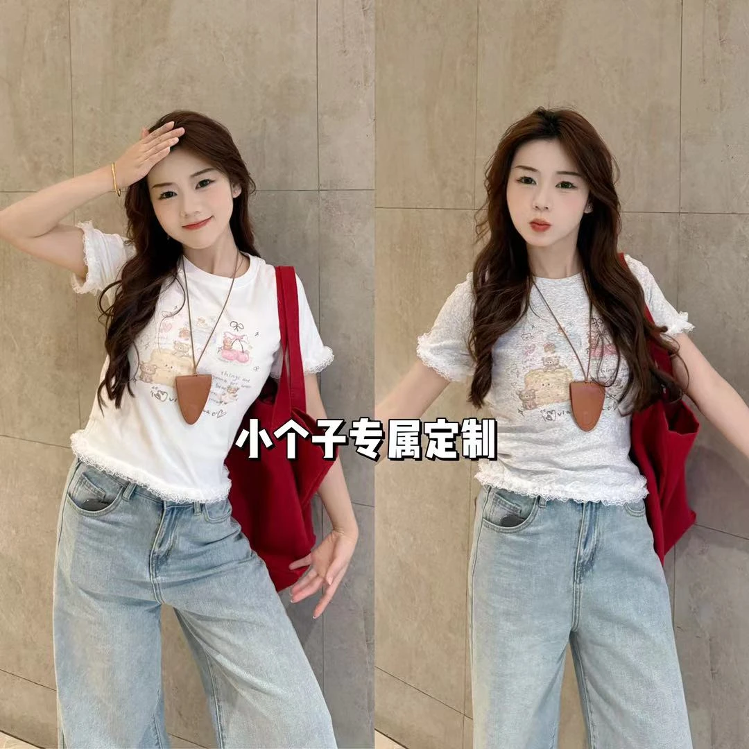 小个子韩系面包T恤可爱涂鸦重工精致拼接蕾丝百搭减龄休闲短袖