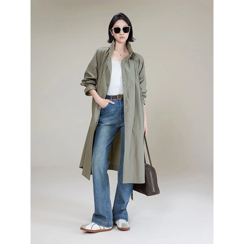 美洋MEIYANG 梅川三号风衣 空气皱感水洗棉_宽松翻领排扣长外套