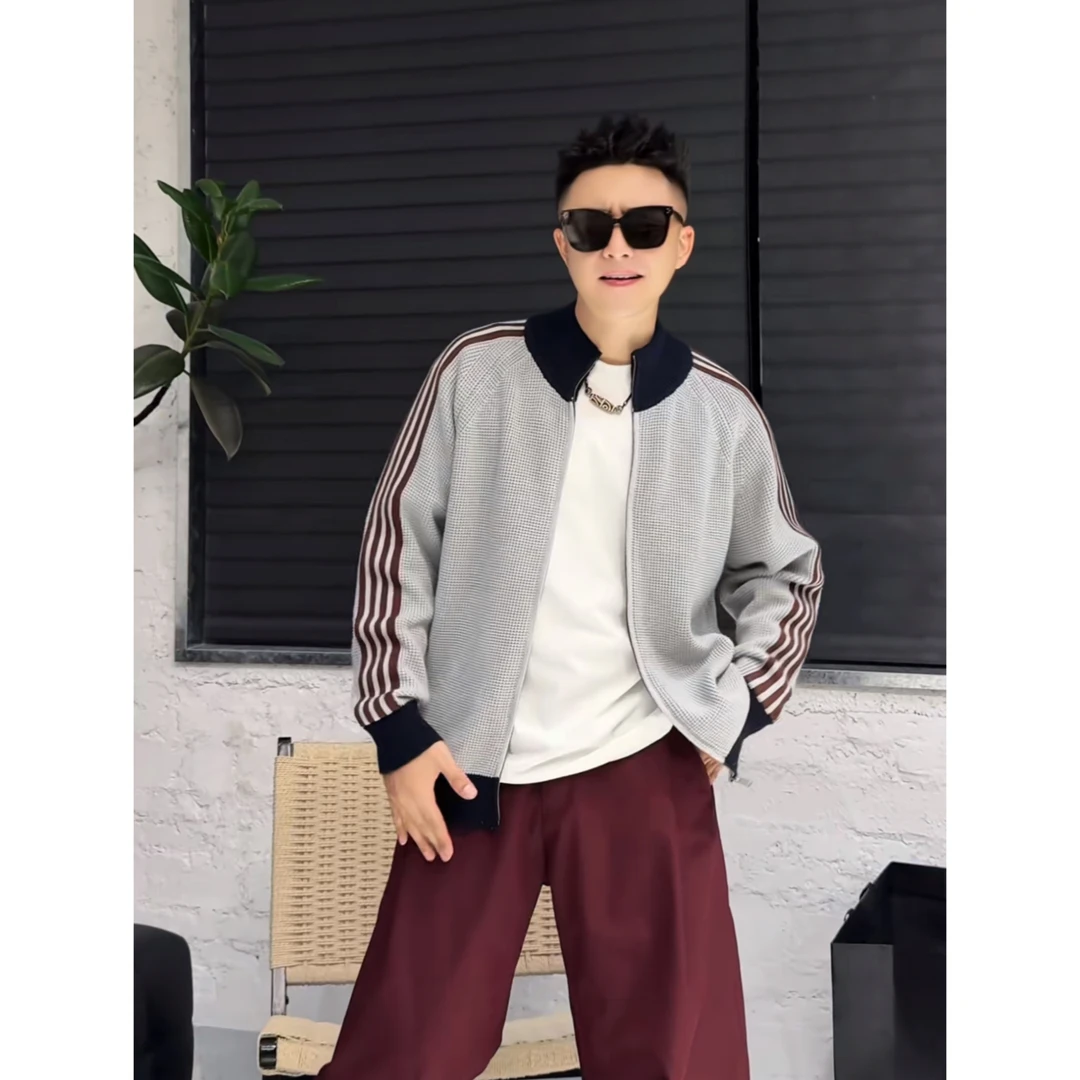 YULE语乐 926撞色条杠运动针织衫秋季休闲宽松立领拉链开衫毛衣