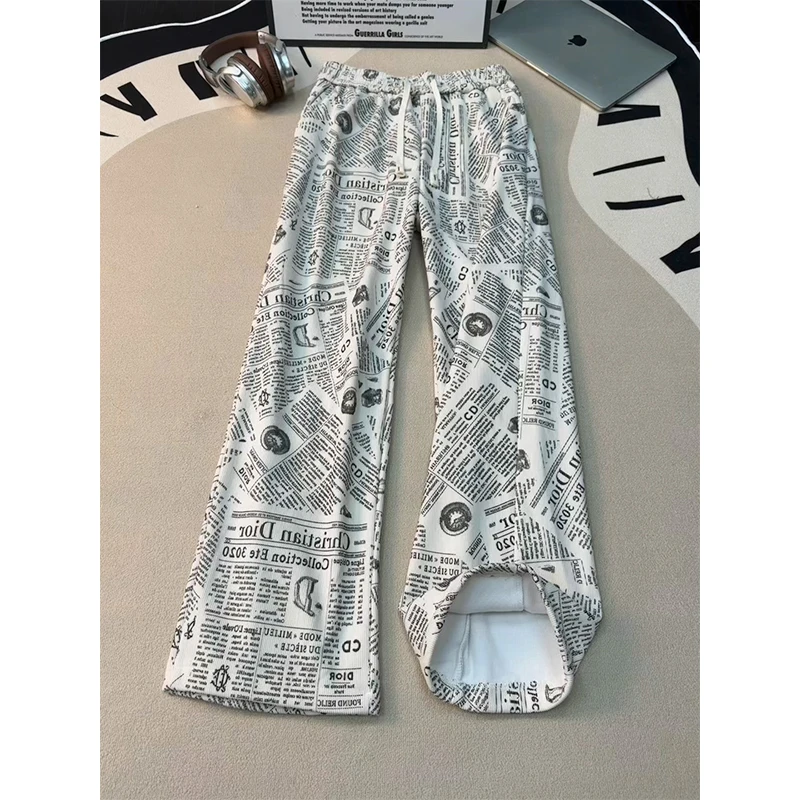 满印灯芯绒裤子男款秋冬加绒美式高街慵懒风休闲裤宽松直筒阔腿裤