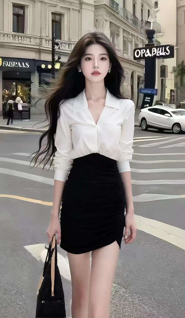 秋季新款轻奢氛围感时尚黑白撞色拼接V领长袖修身收腰包臀连衣裙