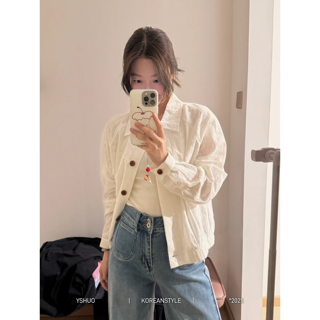 【柔光轻洒】法式翻领镂空蕾丝刺绣精致设计感衬衫外套 9087