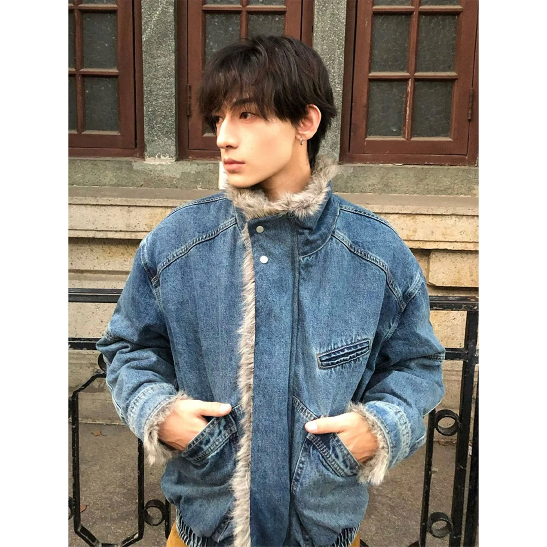 美式复古解构牛仔棉服男款冬季高级感座山雕毛领外套加厚保暖棉衣