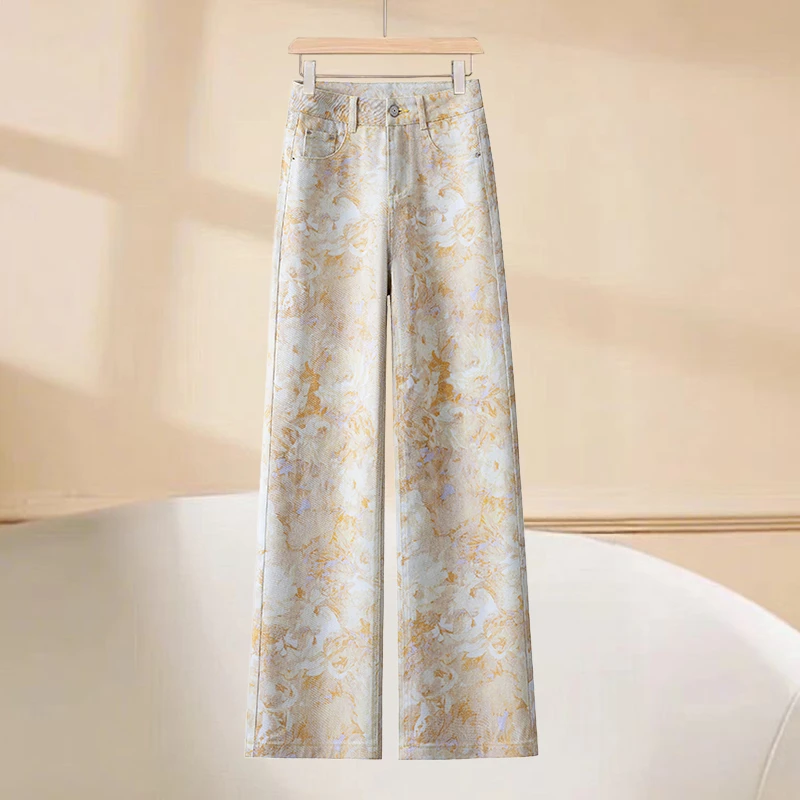 花色窄版阔腿牛仔裤女夏季薄款2025新款高腰显瘦晕染国风直筒裤子