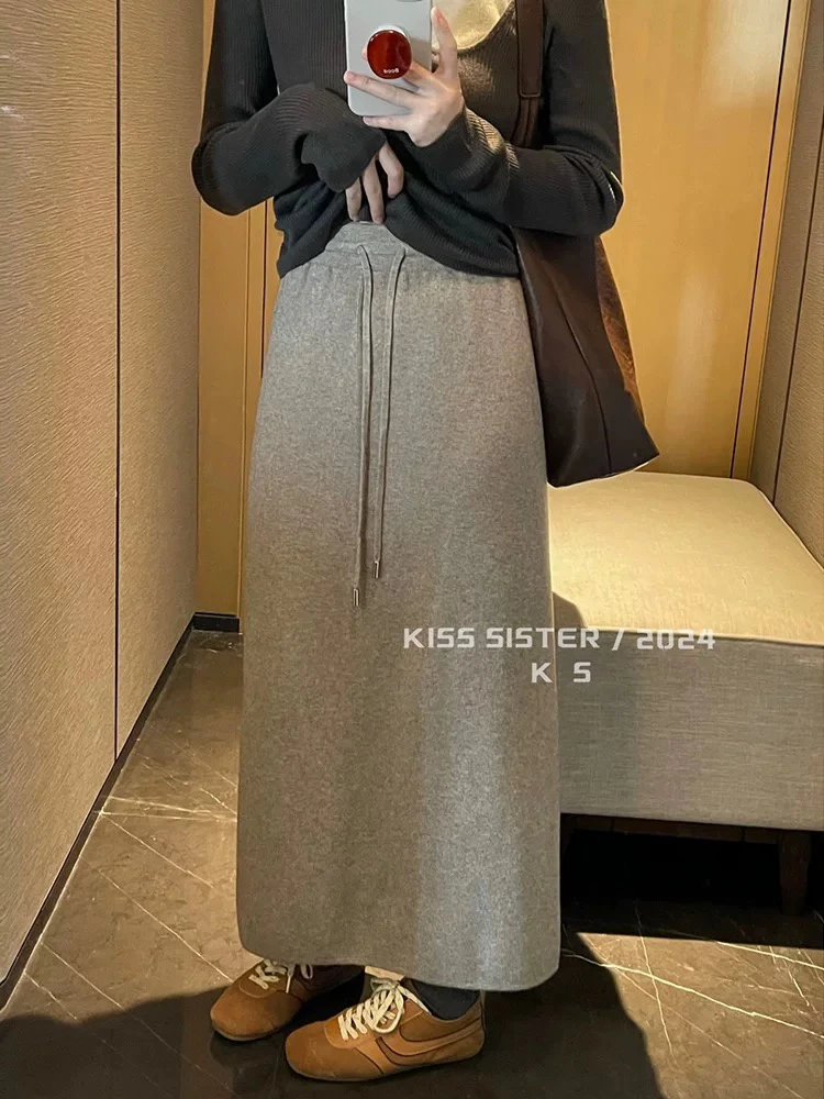 港味设计感抽绳a字半身裙女冬季宽松加绒气质休闲高腰直筒长裙子