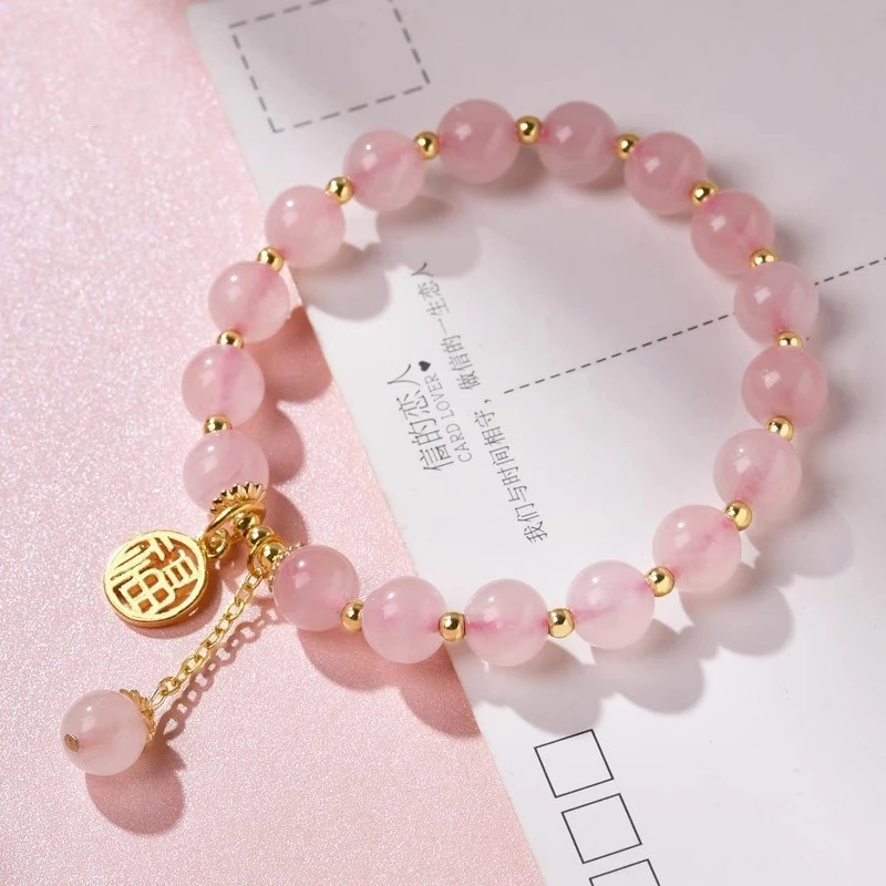 合金仿水晶手链 天然粉水晶手链女福牌轻奢小众水晶手串新年礼物