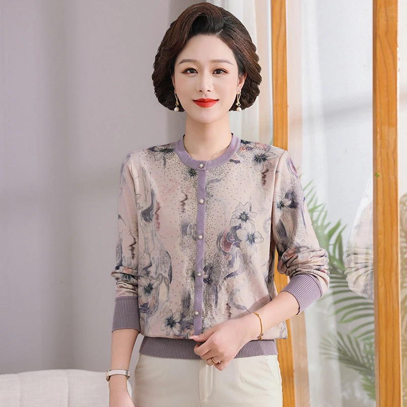 妈妈装秋冬季新款女装透气亲肤单面低领T恤50-60岁印花简约上衣穿